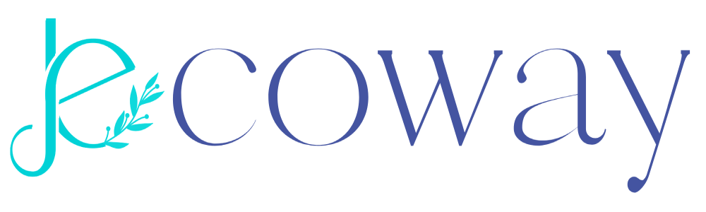 شعار "Ecoway". الحرف "je" الأولي عبارة عن لون فيروزي منمق مع فرع مورق، متبوعًا بكلمة "coway" بخط serif أزرق داكن.